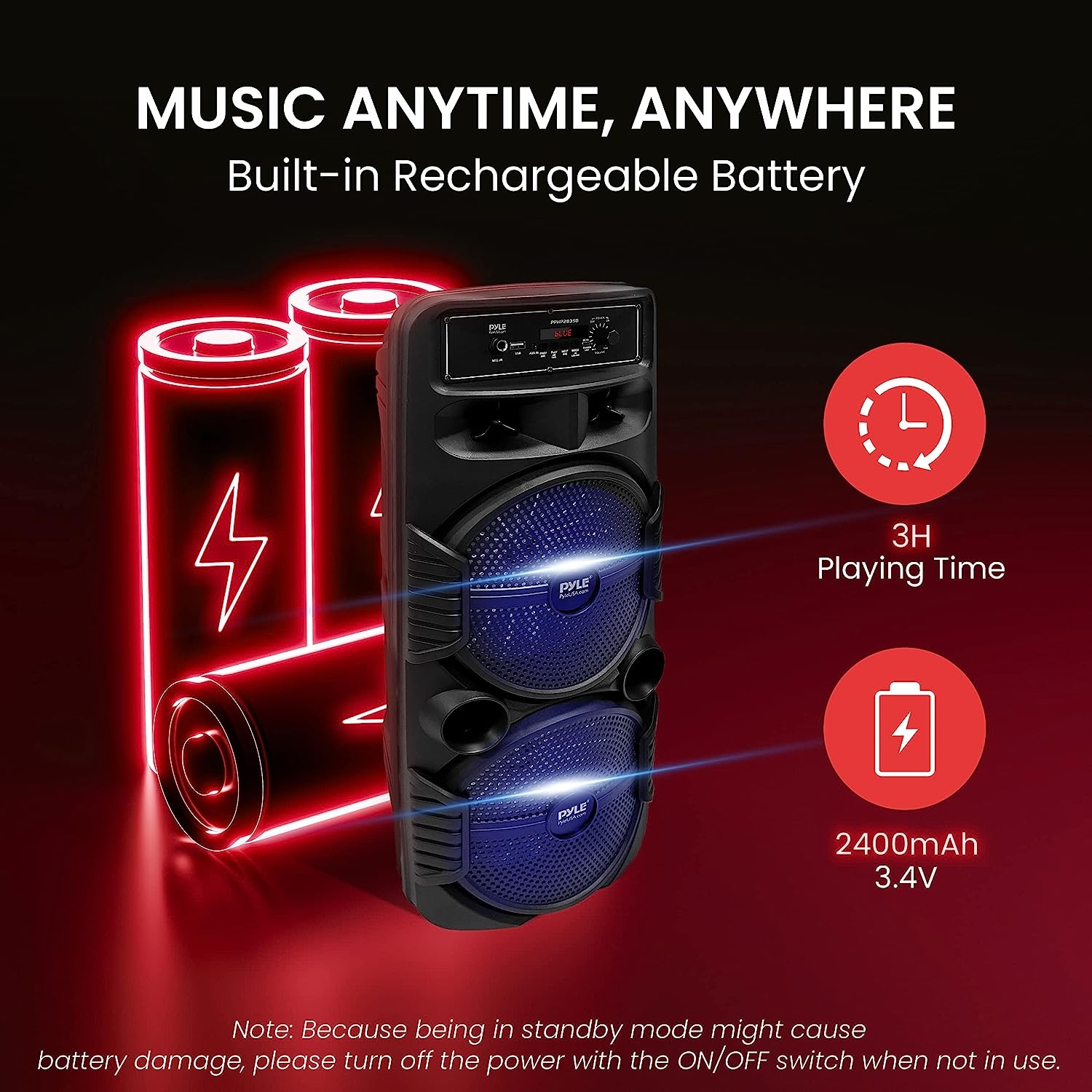 Pyle Portable Bluetooth PA Speaker System - 600W Rechargeable Outdoor Bluetooth Speaker Portable PA System w/Dual 8” Subwoofer - Image 5