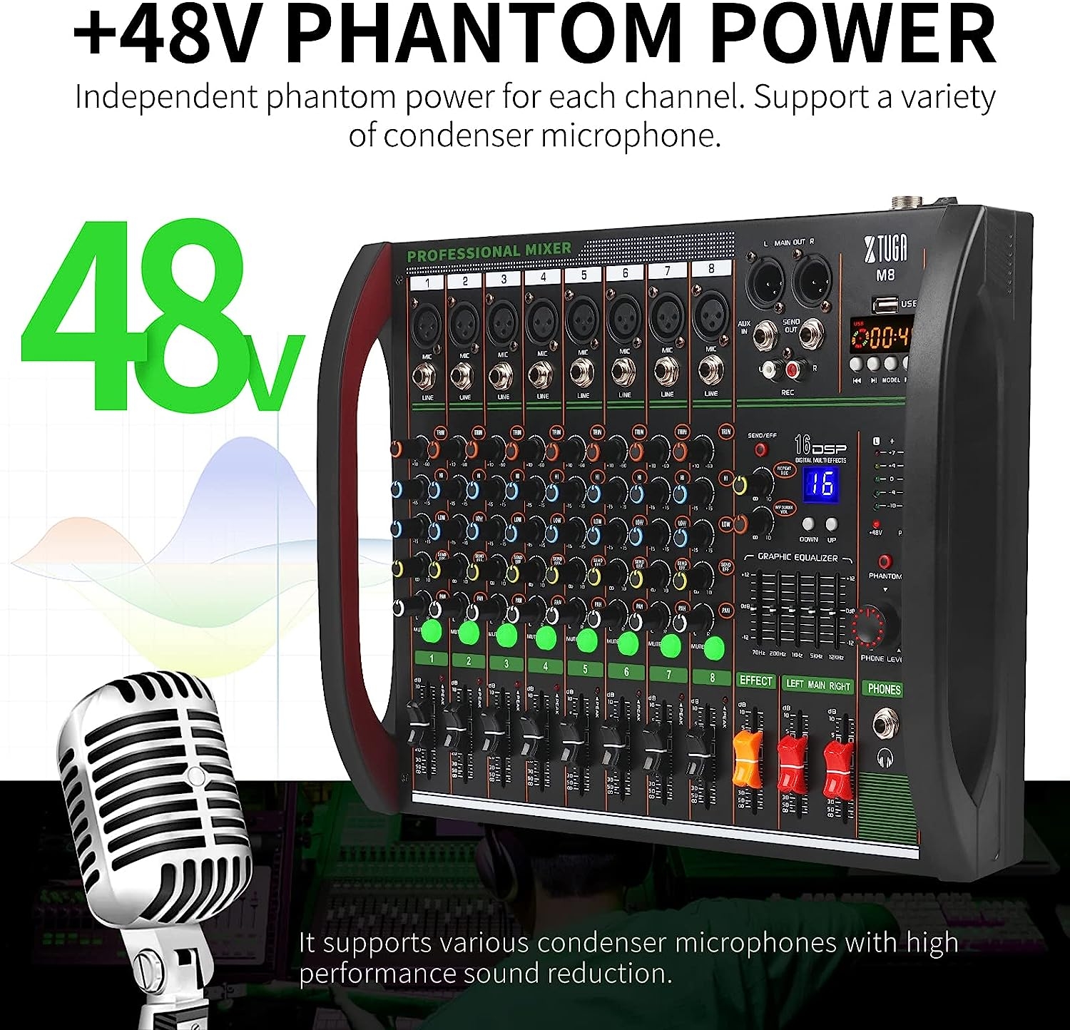M8 Professional Audio mixer Console 8 channels with MP3 Player +48V Phantom Power USB Bluetooth Reverb、99 DSP 5 brand Balance - Image 4