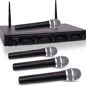 Pyle 4 Channel Wireless Microphone System-Portable UHF Audio Set with XLR Jack-4 Handheld Dynamic Mic, Receiver, Dual Antenna,
