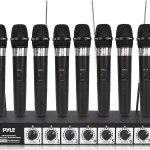 Pyle VHF Wireless System-Rack Mountable 8 Channel Cordless Set w/ 8 Handheld Microphones, Mixed 1/4" Outputs-DJ, Karaoke,