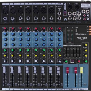 DJ Console Mixer Micfuns 8 Channel with Sound Board USB Bluetooth Audio Interface 48V Phantom Power Mixer Use for DJ Studio PC