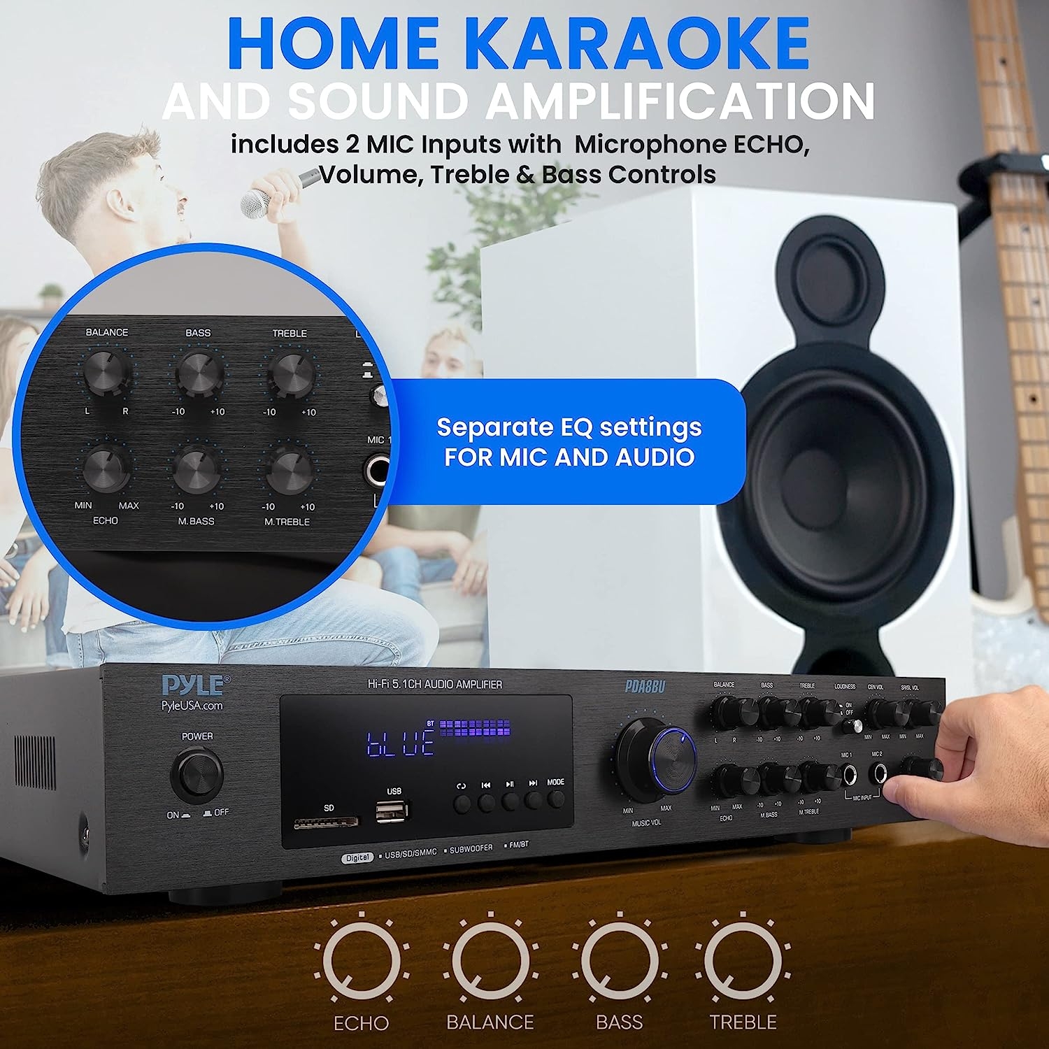Pyle - PDA7BU (Black) - 5 Channel Rack Mount Bluetooth Receiver, Home Theater Amp, Speaker Amplifier, Bluetooth Wireless - Image 3