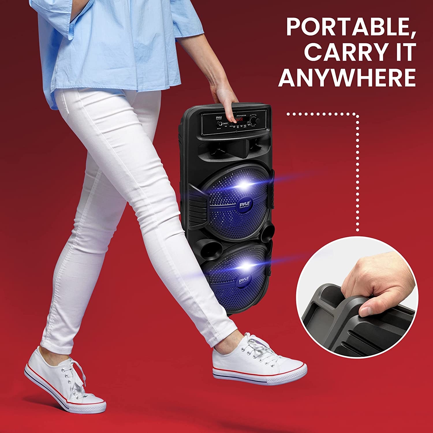 Pyle Portable Bluetooth PA Speaker System - 600W Rechargeable Outdoor Bluetooth Speaker Portable PA System w/Dual 8” Subwoofer - Image 6