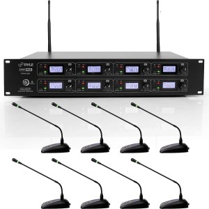 Pyle 8 Channel Conference Microphone System - UHF Desktop, Table Meeting Wireless Microphones & Receiver w/ 8 Gooseneck Mics,