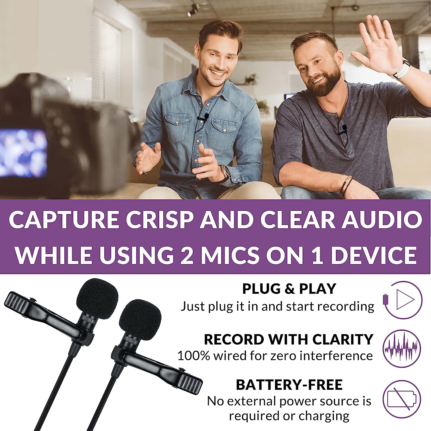 Purple Panda Dual Interview Lavalier Lapel Microphone Kit (2 Pack) for Podcast - Professional Omnidirectional Clip On Lav Mic - - Image 2