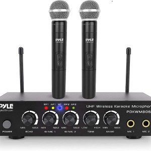 Pyle Portable UHF Wireless Microphone System - Battery Operated Dual Bluetooth Cordless Microphone Set, Includes 2 Handheld