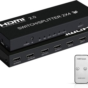 4K@60Hz HDMI Switch Splitter 2 in 4 Out with Remote, avedio links 2x4 HDMI Splitter Switcher 4K with SPDIF & 3.5mm