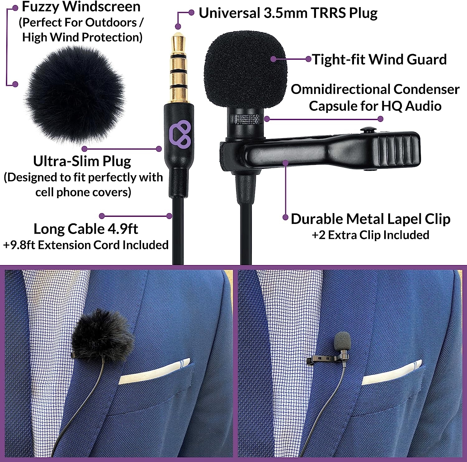 Purple Panda Dual Interview Lavalier Lapel Microphone Kit (2 Pack) for Podcast - Professional Omnidirectional Clip On Lav Mic - - Image 5