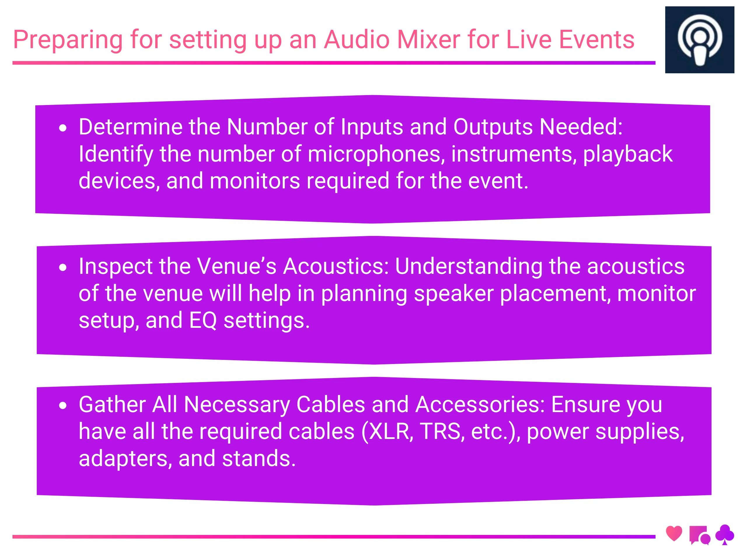 Preparing for setting up an Audio Mixer for Live Events
