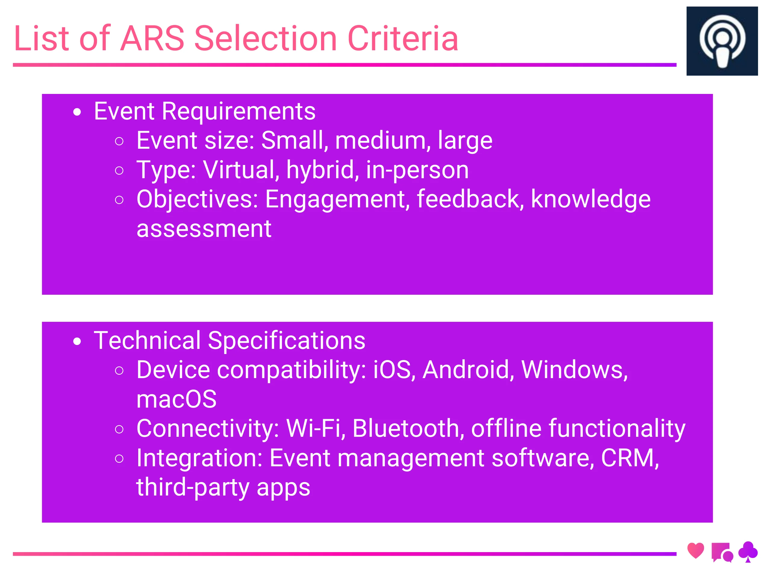 List of ARS Selection Criteria