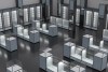 Empty glass display cases and brightly lit slatwall cabinets arranged in rows inside a modern, well-lit space.