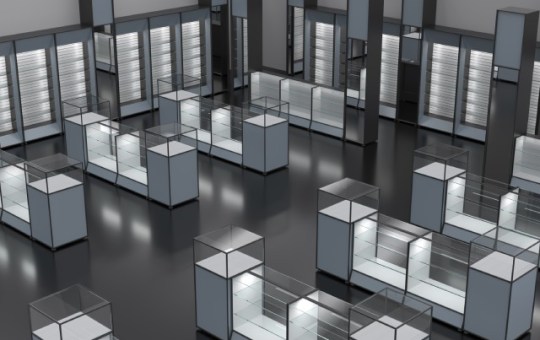 Empty glass display cases and brightly lit slatwall cabinets arranged in rows inside a modern, well-lit space.