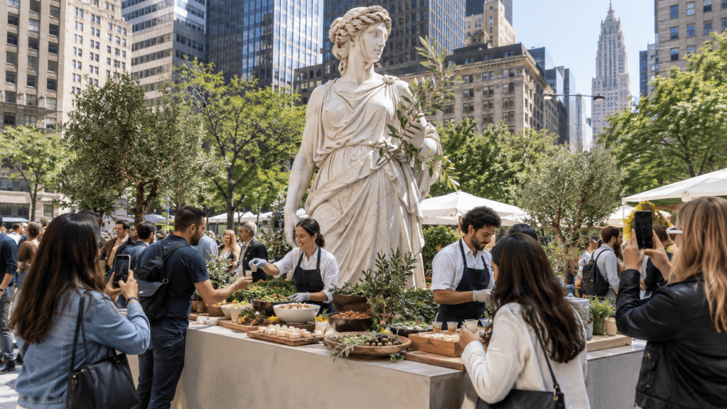 Cava restaurant brand debuts giant Greek goddess installation in NYC